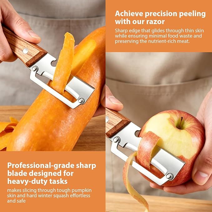 3 Pcs Multifunctional Vegetable Peeler, Wooden Handle, Stainless Steel Blade - Image 3