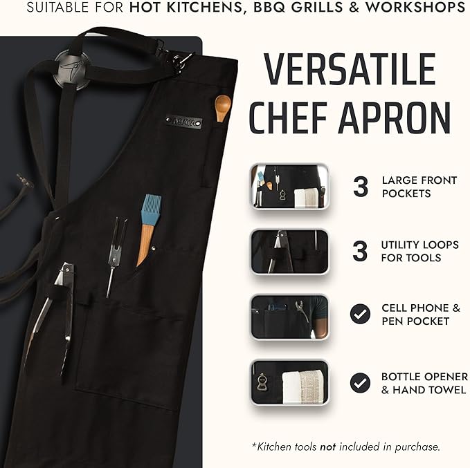 Asaya Chef and BBQ Apron with Bottle Opener and Hand Towel - 10oz Cotton Canvas - Image 2