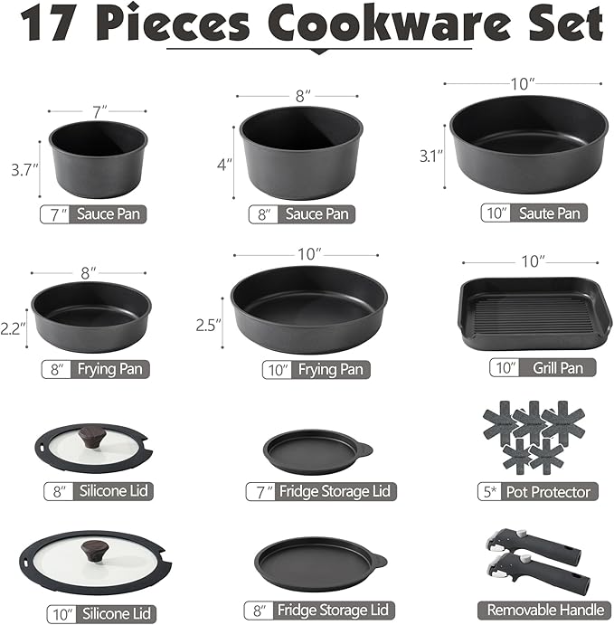 SENSARTE 17 Piece Pots and Pans Set, Nonstick Detachable Handle Cookware Set - Image 2