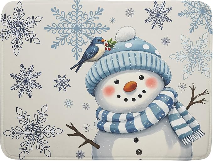 Winter Snowman Dish Drying Mat for Kitchen Counter 18x24 Blue Snowflake Bird by Aytipun