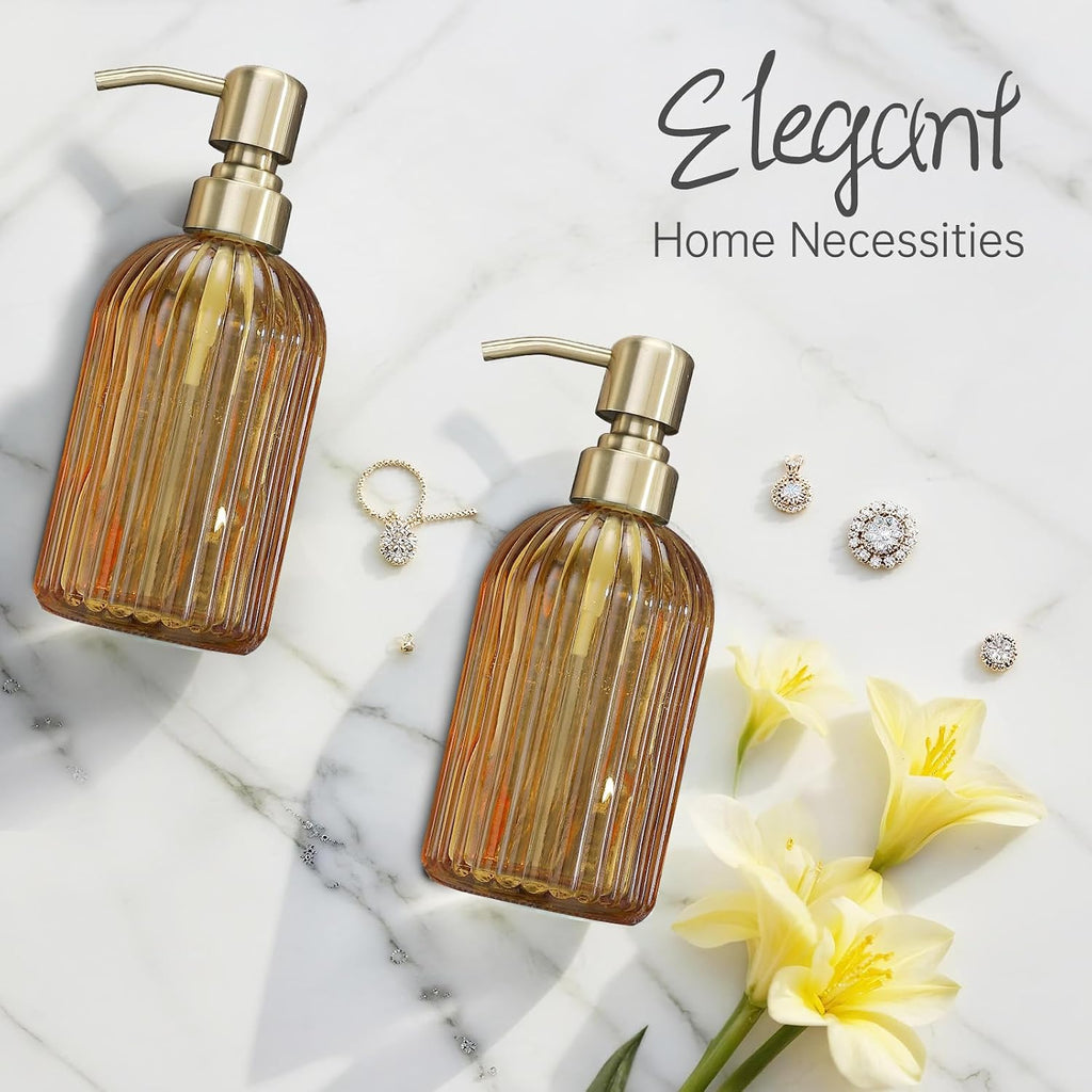 16 OZ Amber Glass Soap Dispenser, Amber Stripe Bathroom Hand Soap