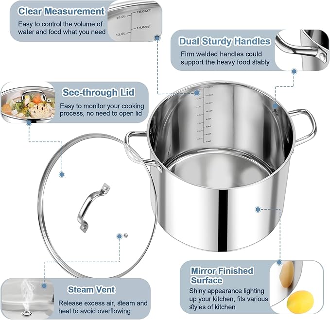 P&P CHEF 16 QT Stock Pot with Lid, Stainless Steel Large Cooking Pot, Soup - Image 3