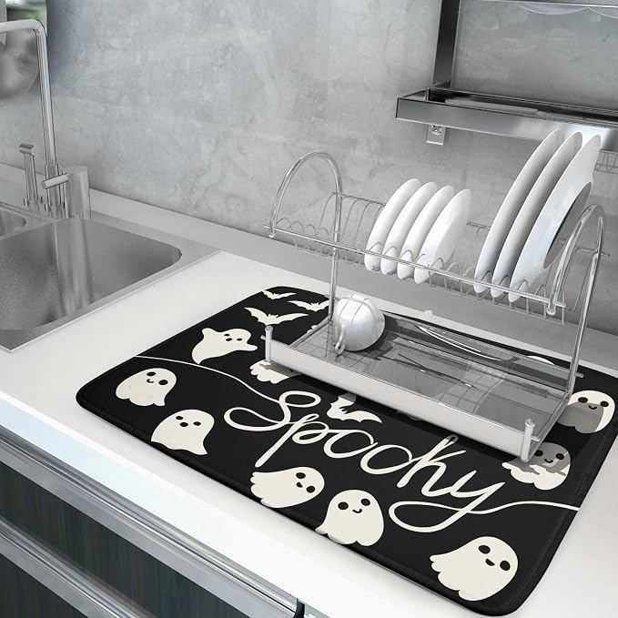 Halloween Dish Drying Mat for Kitchen Counter 18x24 Cute Ghost Black Spooky - Image 5