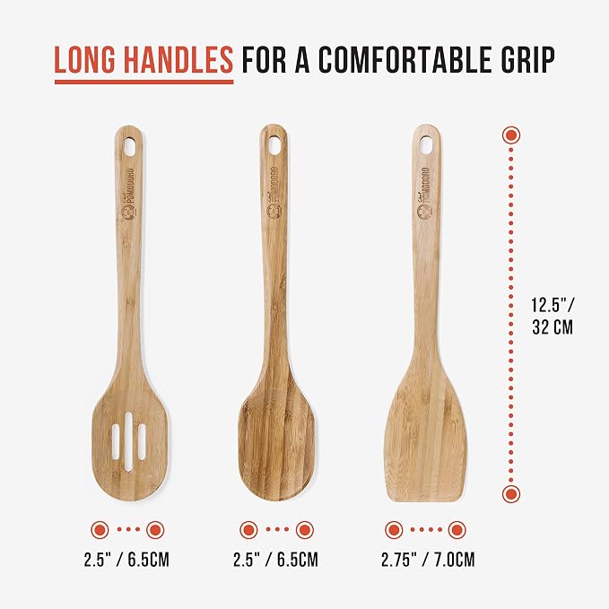Chef Pomodoro Bamboo Cooking Utensils 3-Piece Set, Large 12.5-Inch Wooden - Image 2
