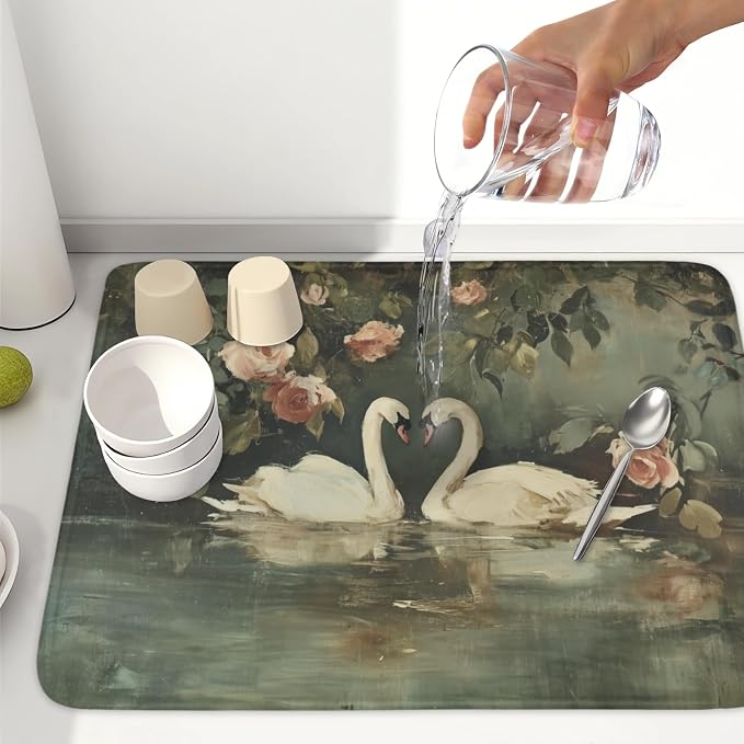 Swans Dish Drying Mat 24x18 Inch, Wildlife Aesthetic Dish Drainer Mats Summer - Image 6