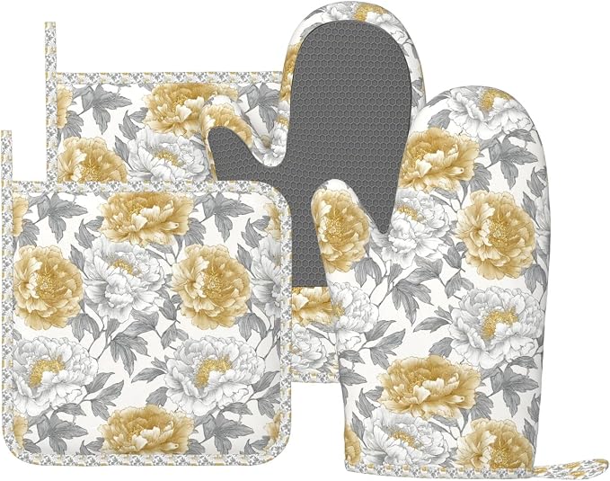 Oven Mitts and Pot Holders Vintage Flower Peony Floral Silicone Kitchen by DADABULIU