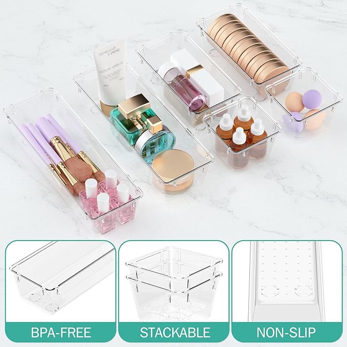 WOWBOX 12 Pack Clear Drawer Organizer Set, Acrylic Drawer Storage Trays - Image 3