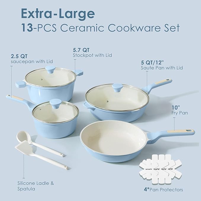 SENSARTE Nonstick Ceramic Cookware Set Large 13-Piece, Healthy Pots and Pans - Image 5