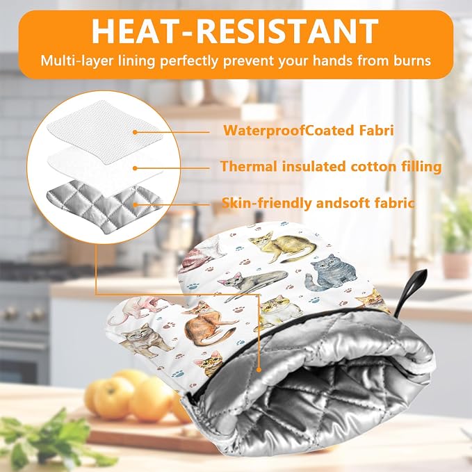Cute Cats Oven Mitts and Pot Holders Sets 4Pcs, Extra Long Oven Gloves Potholder - Image 3