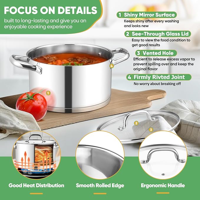 TeamFar Stainless Steel Stock Pot, 4-quart Tri-ply Base Stockpot Cooking Pasta - Image 5