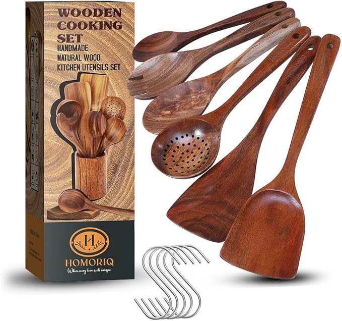6-Piece Teak Wooden Cooking Utensils Set – Heat-Resistant Spoons & Spatulas | by Unknown