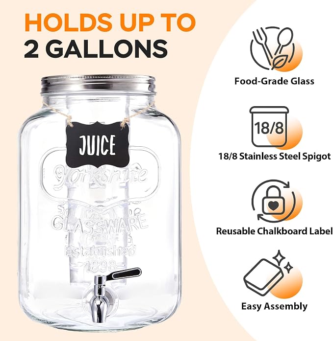2 Gallon Large Glass Drink Dispenser Set, Beverage Dispensers - Image 4