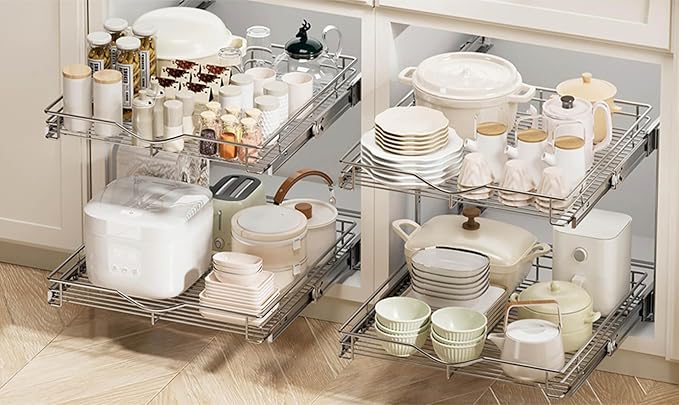 DINDON 2 Tier Pull Out Cabinet Organizer Heavy-Duty Metal Sliding Drawer Shelf - Image 5