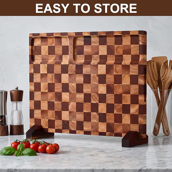 Checkered Cutting Board with Stand, Dual-Sided Wood Cutting Board with Juice - Image 3