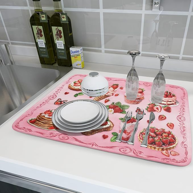 Strawberry Dish Drying Rack Mat Pink Absorbent Microfiber Dish Drying Mat - Image 6