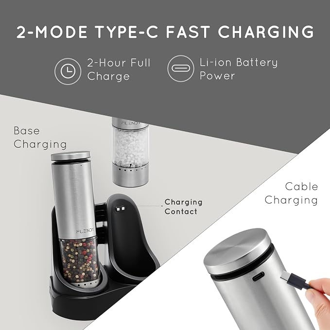 Flendy Electric Salt and Pepper Grinder Set Rechargeable, Automatic Salt and - Image 5