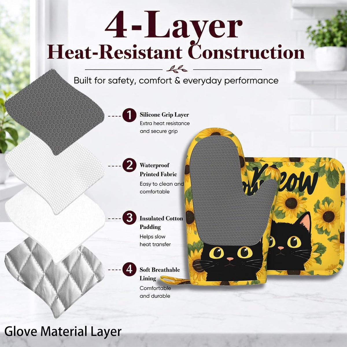 Cute Black Cat Oven Mitts and Pot Holders Sets Sunflower Non-Slip