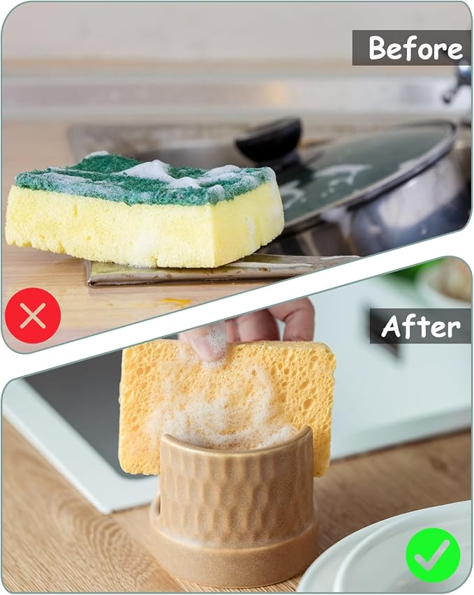 Zoeeker Sponge Holder for Kitchen Sink, Ceramic Sink Caddy Scrub Sponge Tray - Image 4