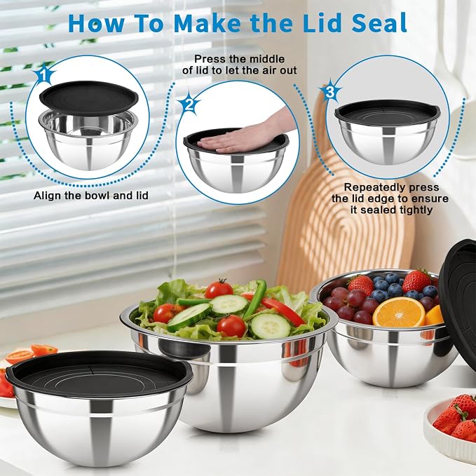 7-Piece Mixing Bowls with Airtight Lids — Stackable Stainless Steel Nesting - Image 4