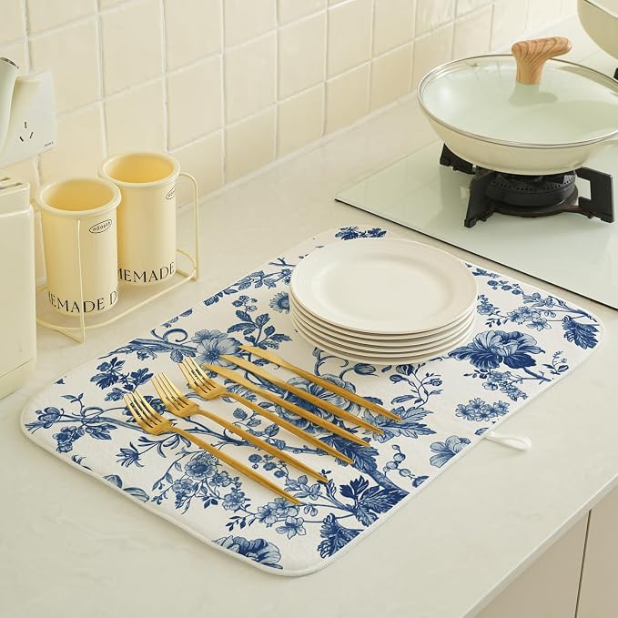 Vintage Blue Dish Drying Mat 18x24 Inch Chinoiserie Navy Blue Floral Drying Mat - Image 2