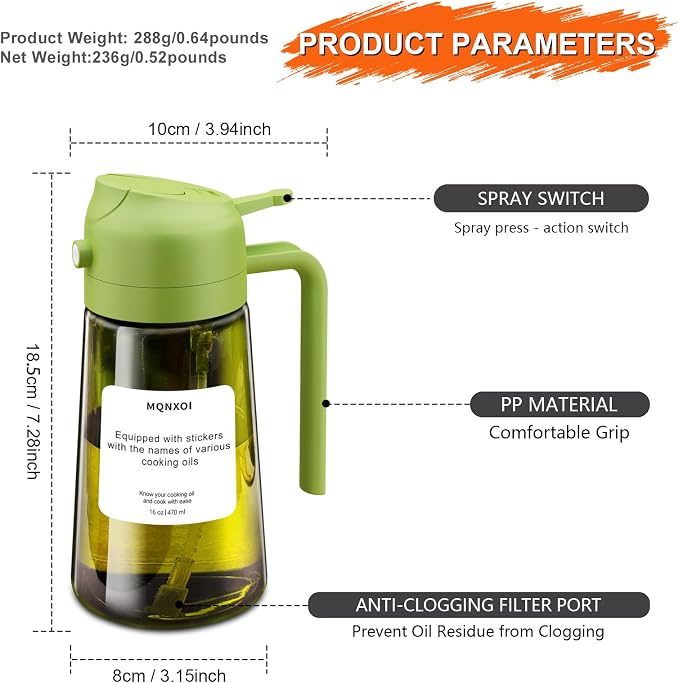 mqnxoi Oil Sprayer for Cooking, 2 in 1 Olive Oil Dispenser Bottle for Kitchen - Image 8