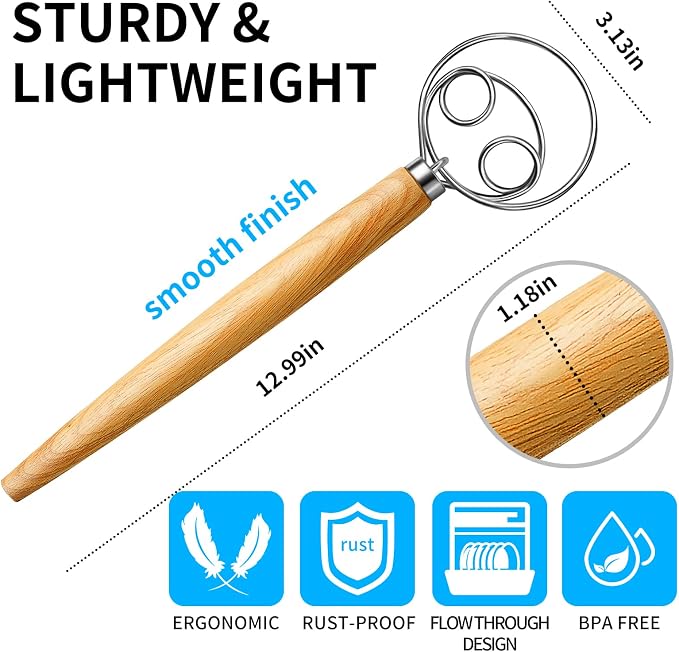 TEEVEA Danish Dough Whisk Stainless Steel Wooden Handle - Image 7