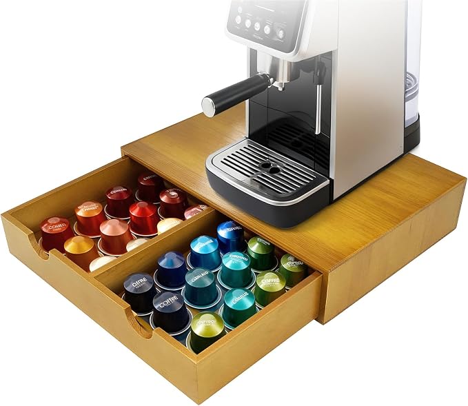 Coffee Pod 15" X 11" X 3" Natural Wood Countertop Organizer Drawer, Counter Top by KISENG
