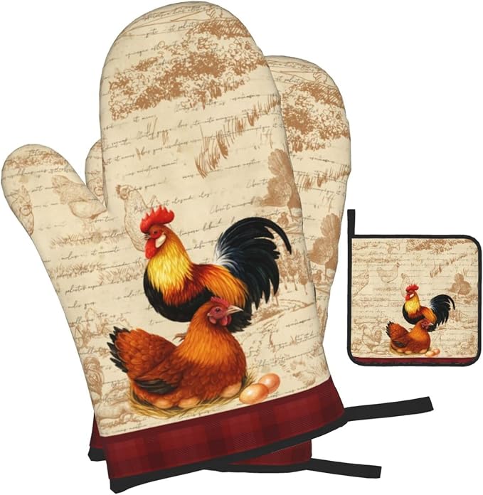 Retro Rustic Pot Holders and Oven Mitts Set of 3, Rooster Chicken Oven Gloves - Image 2