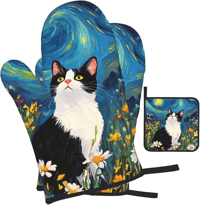 Funny Black Cat Oven Mitts and Hot Pads Set of 3, Abstract Cute Kitchen Mitts - Image 2