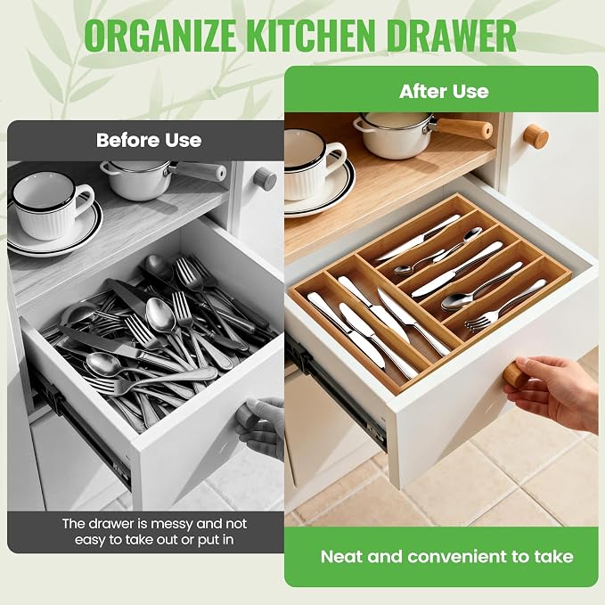 Bamboo Silverware Organizer, Bamboo Kitchen Drawer Cutlery Organizer, Utensil - Image 4