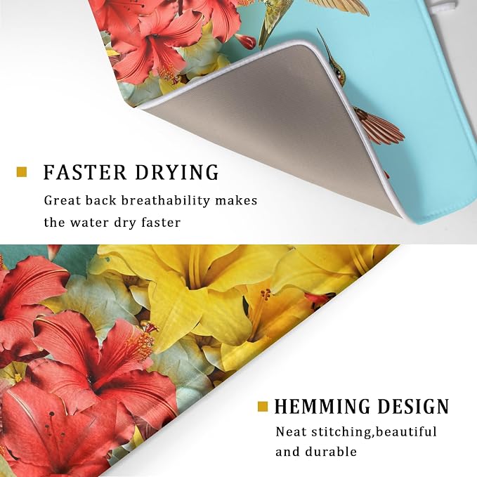 Kawani Spring Summer Hummingbirds Floral Dish Drying Mat - Image 2