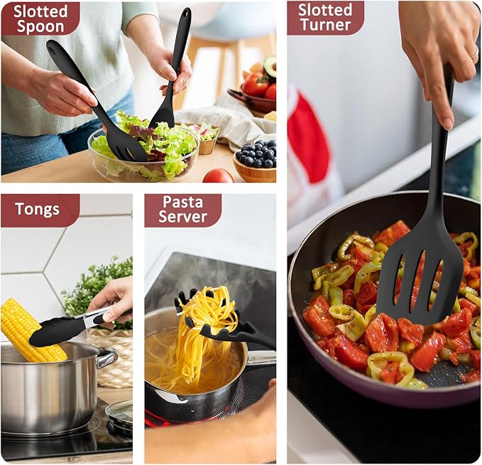 Silicone Cooking Utensils Set of 10, Leonyo Black Kitchen Utensils Set - Image 4