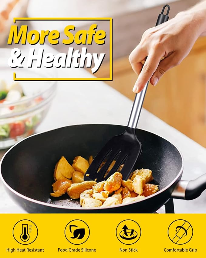 Pack of 2 Silicone Solid Turner, Non Stick Slotted Kitchen Spatulas, High Heat - Image 4