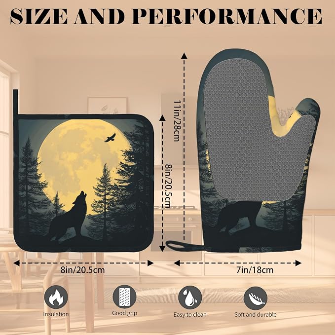 Black Wolf Howling at The Moon Oven Mitt and Pot Holder - Image 3