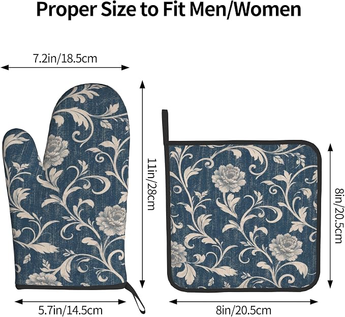 Navy Blue Oven Mitts and Pot Holders Vintage Floral Kitchen Accessories Set of - Image 3