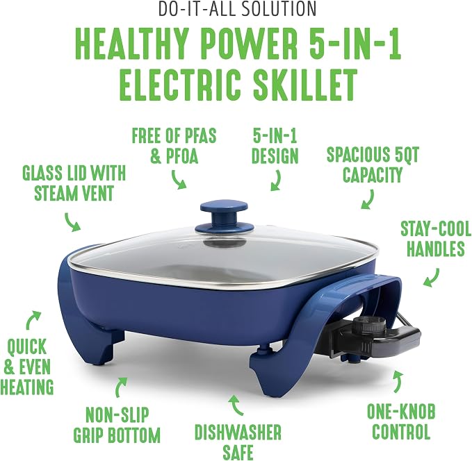 GreenLife 12" 5QT Square Electric Skillet, Glass Vented Lid, Ceramic PFAS-Free - Image 3