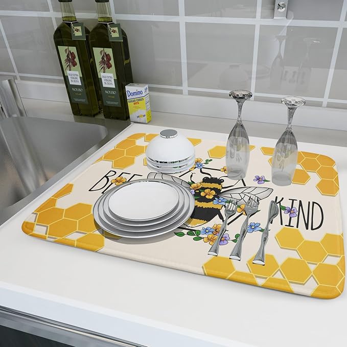 Giwawa Bee Kind Dish Drying Mat, Summer Bees Flowers Dish Drainer Mats - Image 6