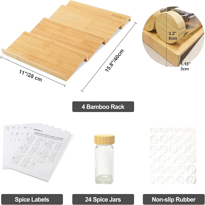 Spice Drawer Organizer with 24 Bamboo-lidded Spice Jars, 216 Labels, 25 - Image 3