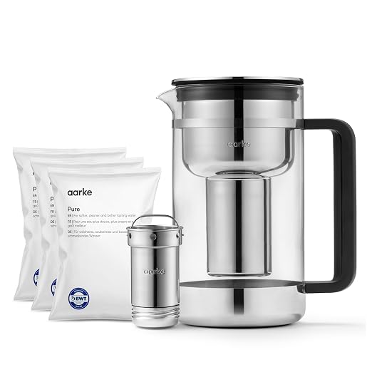 Aarke Purifier Large Glass Pitcher Bundle w/Steel Filter, 4 Pure Refill Granules by aarke