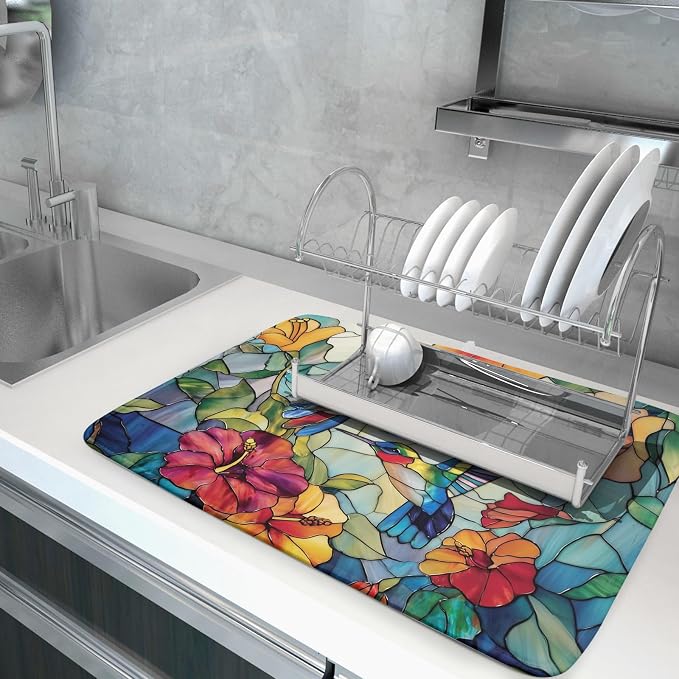 Spring Summer Dish Drying Mat for Kitchen Counter Hummingbird Microfiber - Image 5