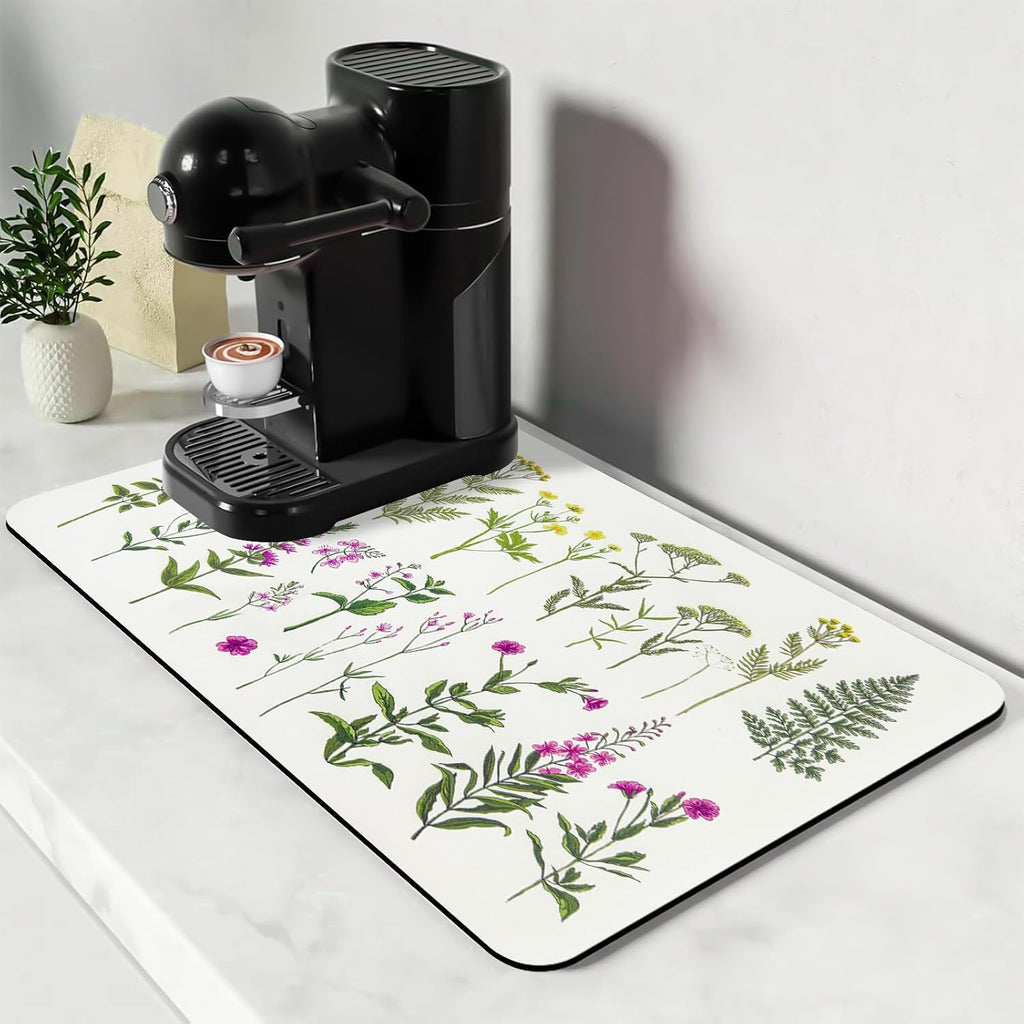 Dish Drying Mat, Spring Flower Printed Coffee Bar Mat, Kitchen Counter
