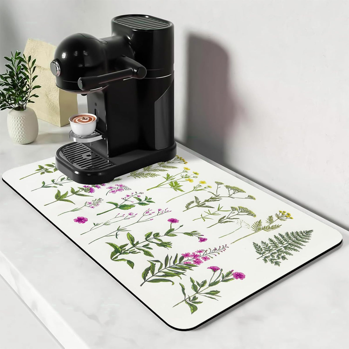 Dish Drying Mat, Spring Flower Printed Coffee Bar Mat, Kitchen Counter