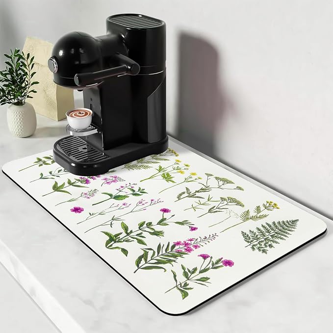 Bloss Dish Drying Mat, Spring Flower Printed Coffee Bar Mat, Kitchen Counter Mat by Bloss