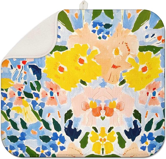 Blue and Yellow Floral Large Dish Drying Mats, Reversible Dish Drying Pads by Scritism