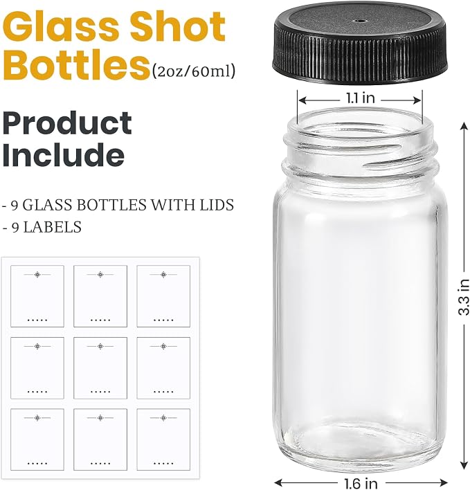9 Pack, 2 oz Glass Shot Bottles w/ Black Lids & 9 Labels - Image 2