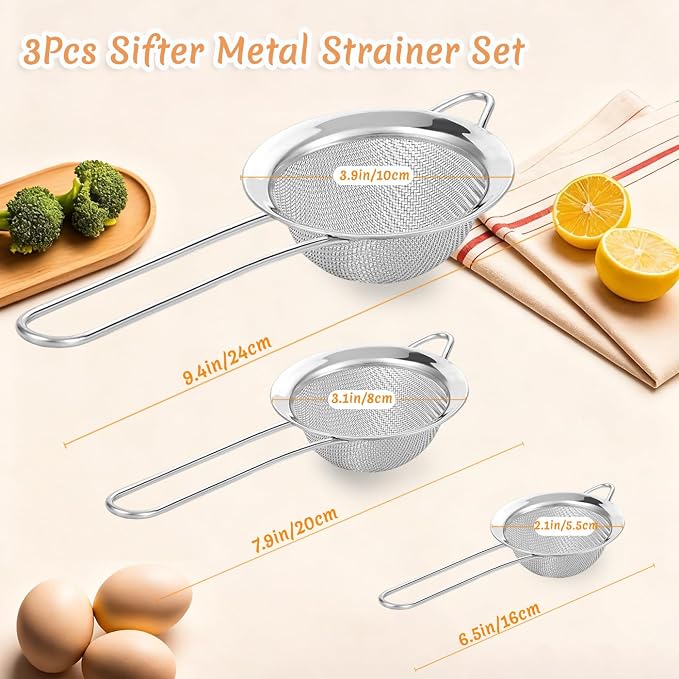 3Pcs Fine Mesh Strainer with Handle, Small Medium Large Size Sieve Strainers Set - Image 3