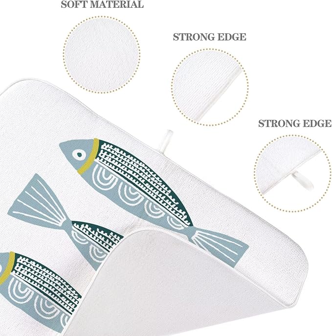 Coastal Dish Drying Mat 18 x 24 inch Beach Blue Fish Print Decorative Drying - Image 3