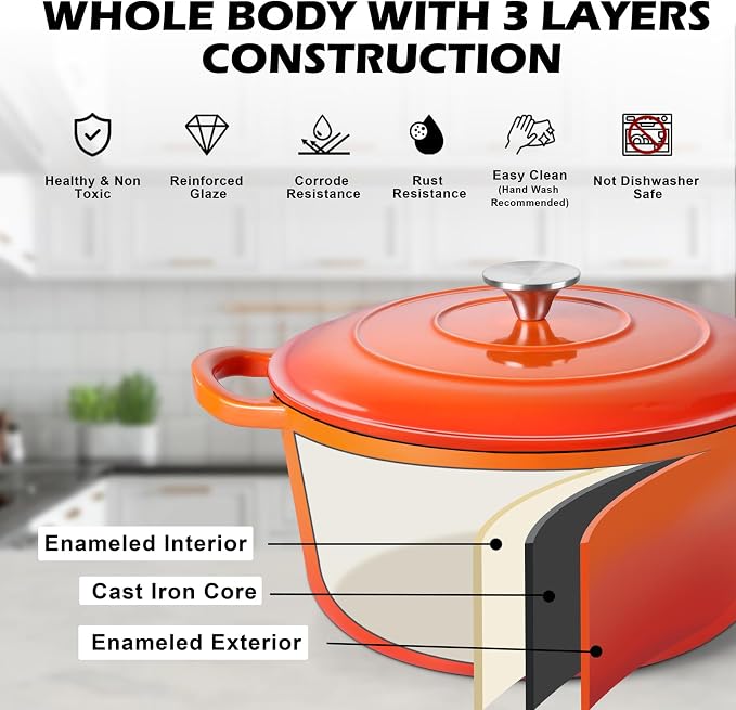 TeamFar Enameled Cast Iron Dutch Oven, 6QT Nonstick Dutch Oven Pot - Image 4
