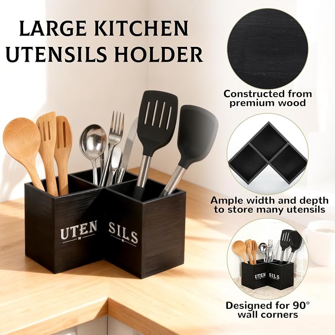 Kitchen Utensils Holder with 3 Compartments, Corner Utensil Caddy, Wooden - Image 3