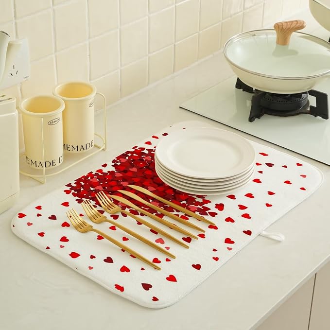 Valentines Day Dish Drying Mat 18 x 24 inch Red Hearts Decorative Drying Mats - Image 4